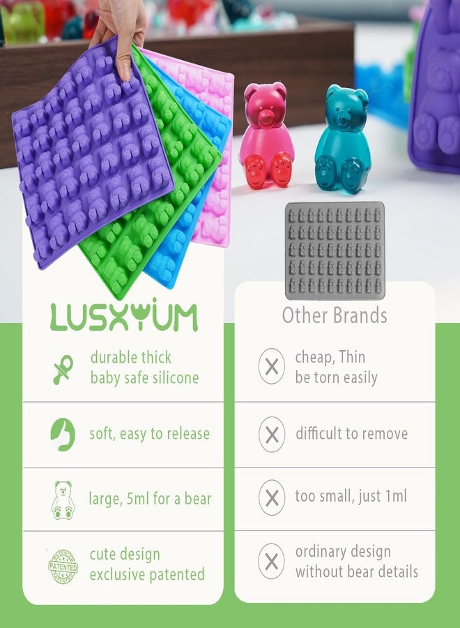 LUSHYUM قوالب حلوى الدببة المطاطية الكبيرة من لوشيوم، سعة 5 مل، مصنوعة من السيليكون الخالي من مادة BPA، مع 4 قطارات وفرشاة تنظيف، تحتوي على 140 تجويفًا، مجموعة من 4 قطع. - Image 4